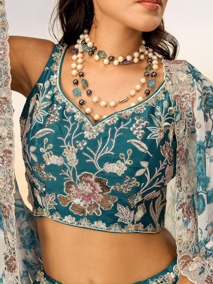 Alluring Teal Blue Sequins Chiffon Wedding Lehenga Choli With Dupatta