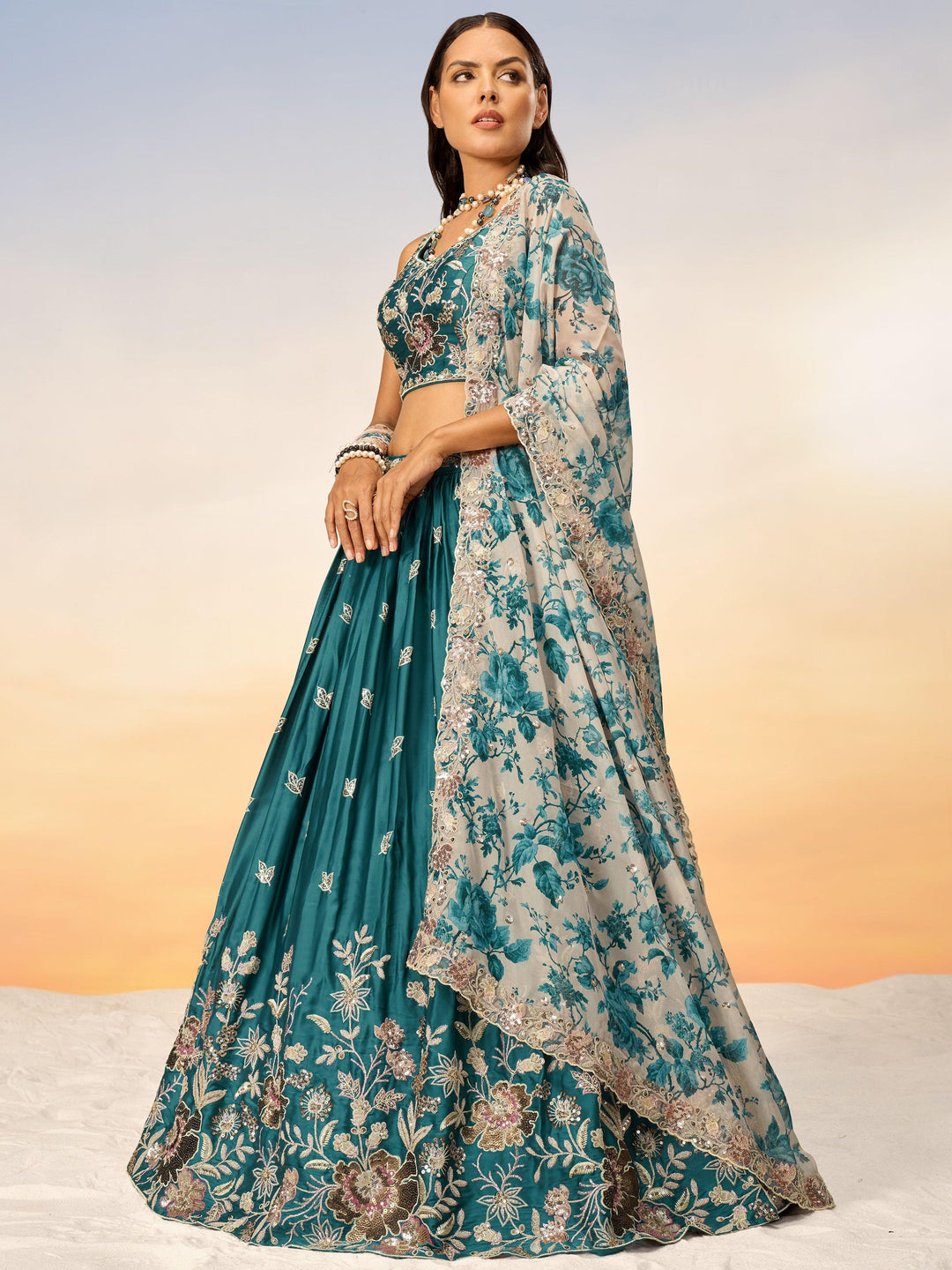 Alluring Teal Blue Sequins Chiffon Wedding Lehenga Choli With Dupatta