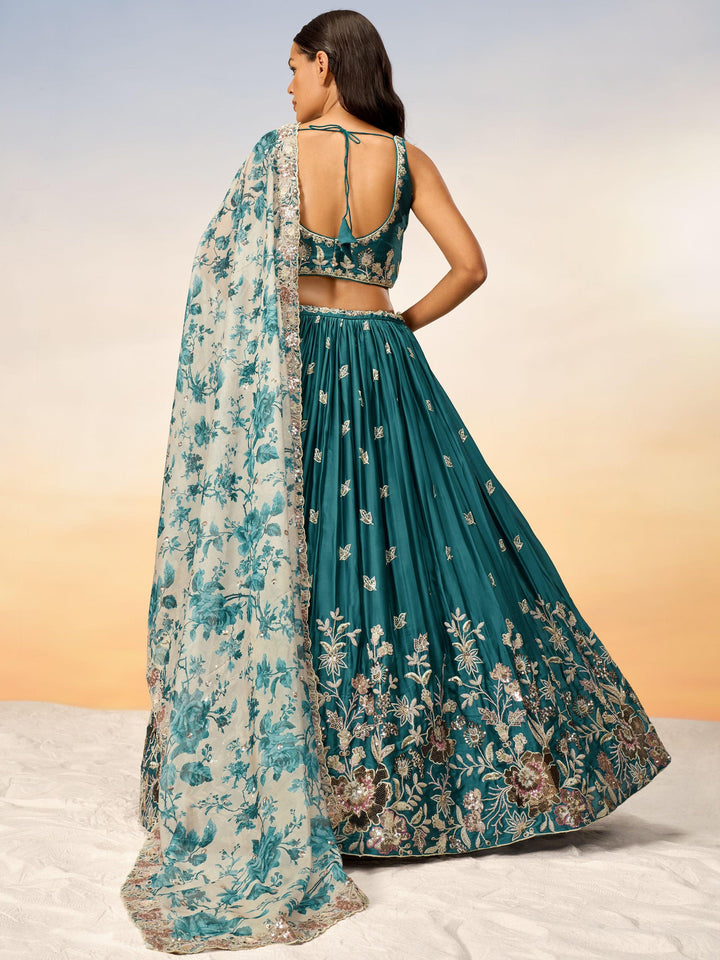 Alluring Teal Blue Sequins Chiffon Wedding Lehenga Choli With Dupatta