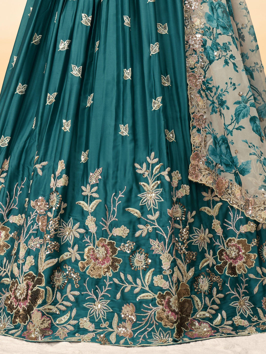 Alluring Teal Blue Sequins Chiffon Wedding Lehenga Choli With Dupatta