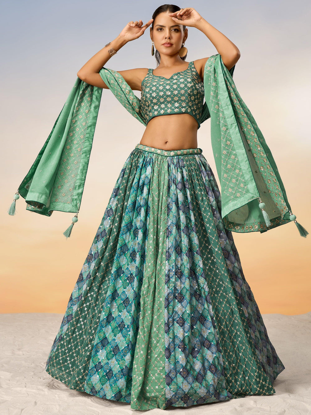 Bewitching Multi-Color Sequins Chiffon Lehenga Choli With Dupatta