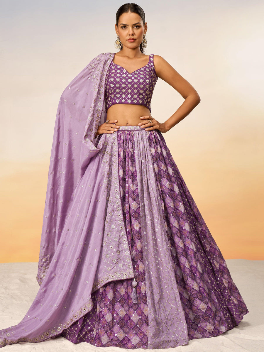 Tantalizing Purple Sequins Chiffon Sangeet Wear Lehenga Choli