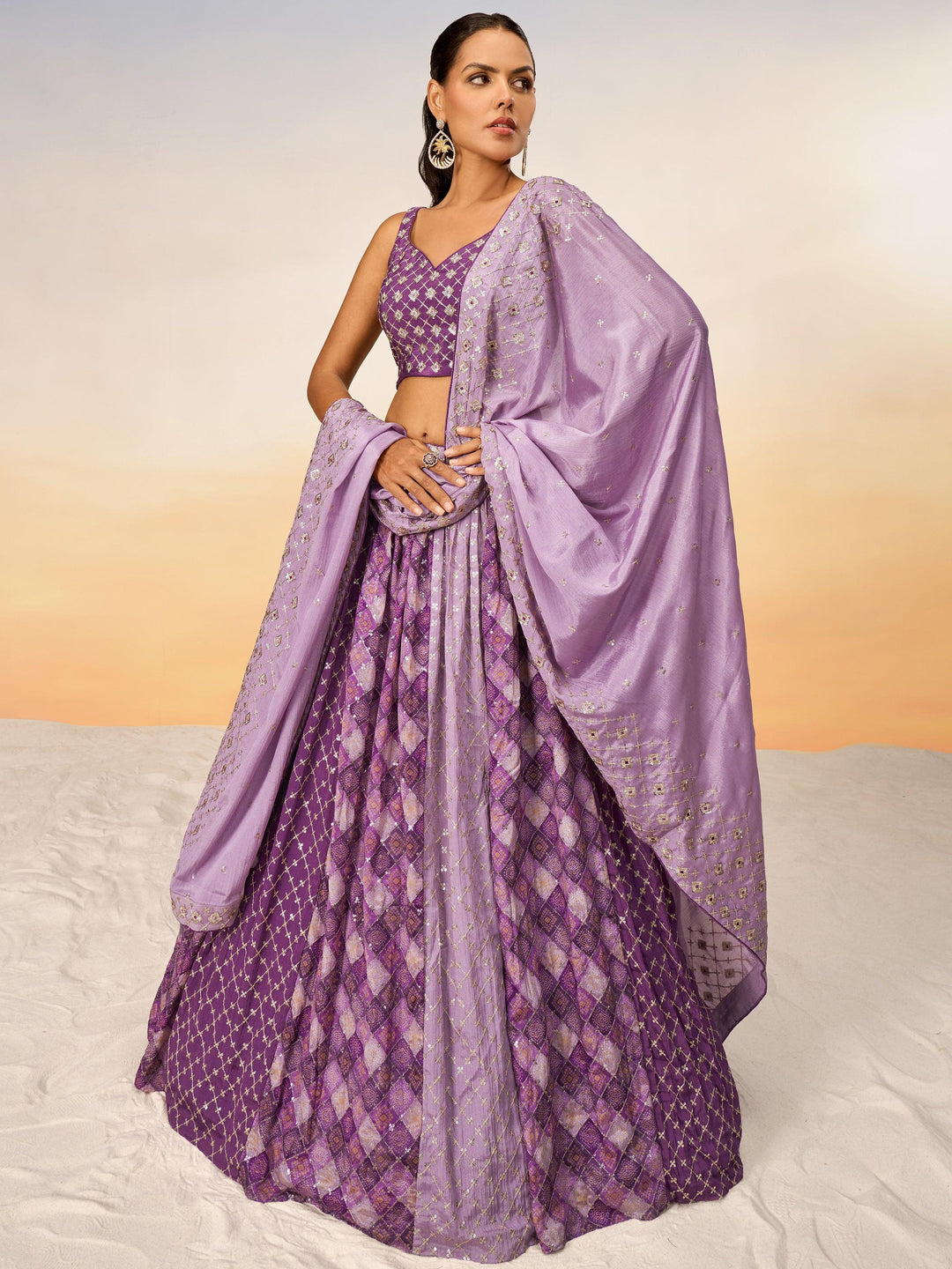 Tantalizing Purple Sequins Chiffon Sangeet Wear Lehenga Choli