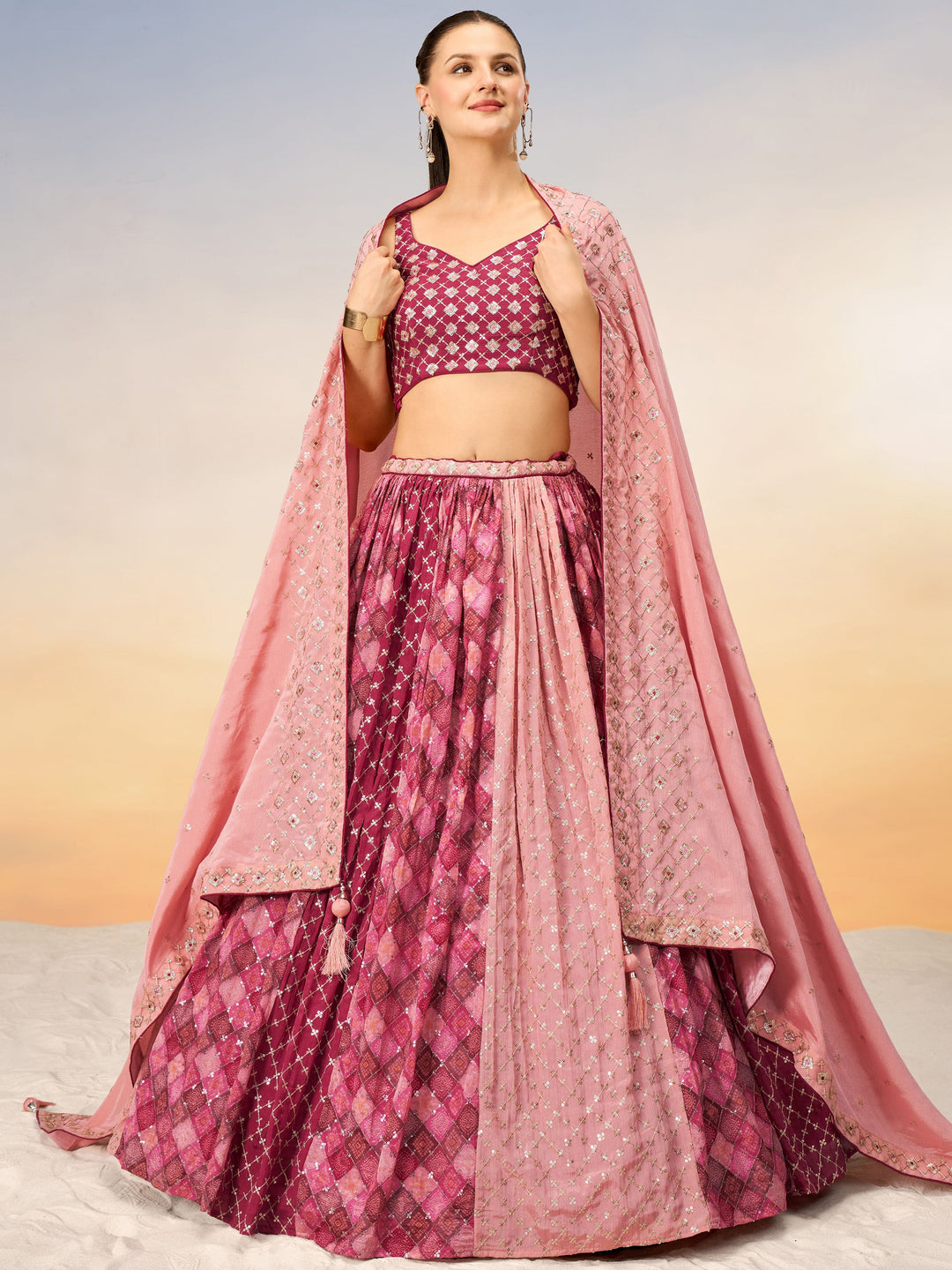 Lovely Pink Sequins Chiffon Event Wear Lehenga Choli With Dupatta