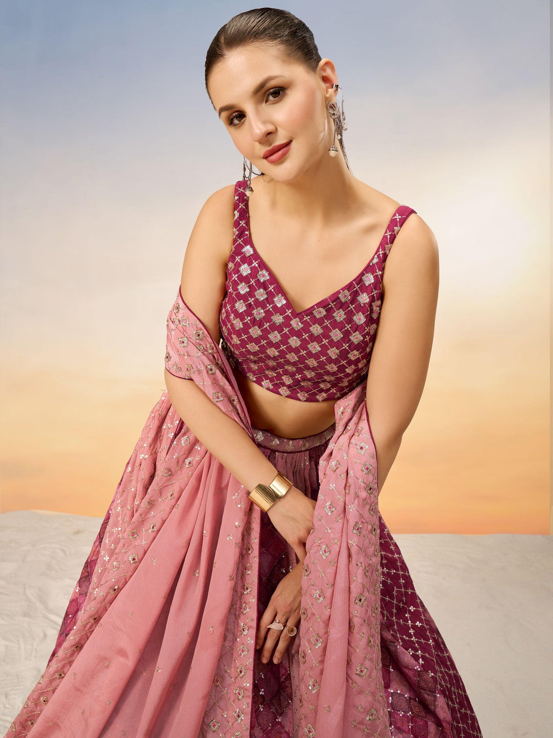 Lovely Pink Sequins Chiffon Event Wear Lehenga Choli With Dupatta