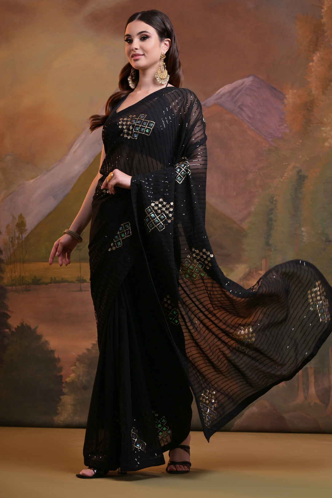 Designer Georgette Saree with Sequins & Embroidery | Banglori Blouse for Events