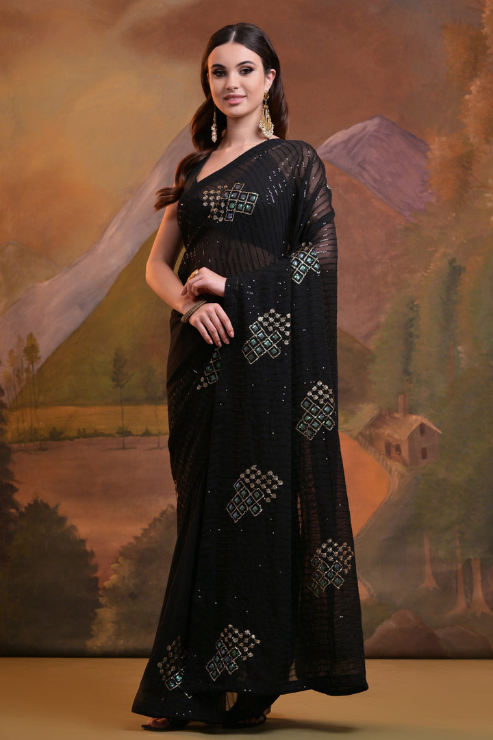 Designer Georgette Saree with Sequins & Embroidery | Banglori Blouse for Events