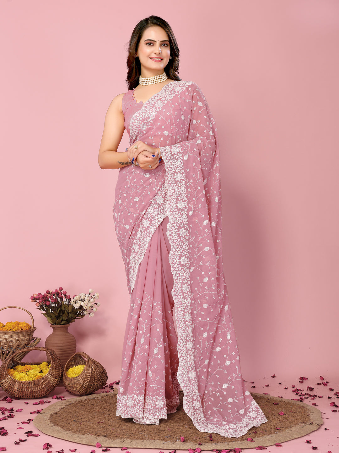 Georgette Saree with Thread & Sequin Embroidery | Art-Silk Blouse for Weddings