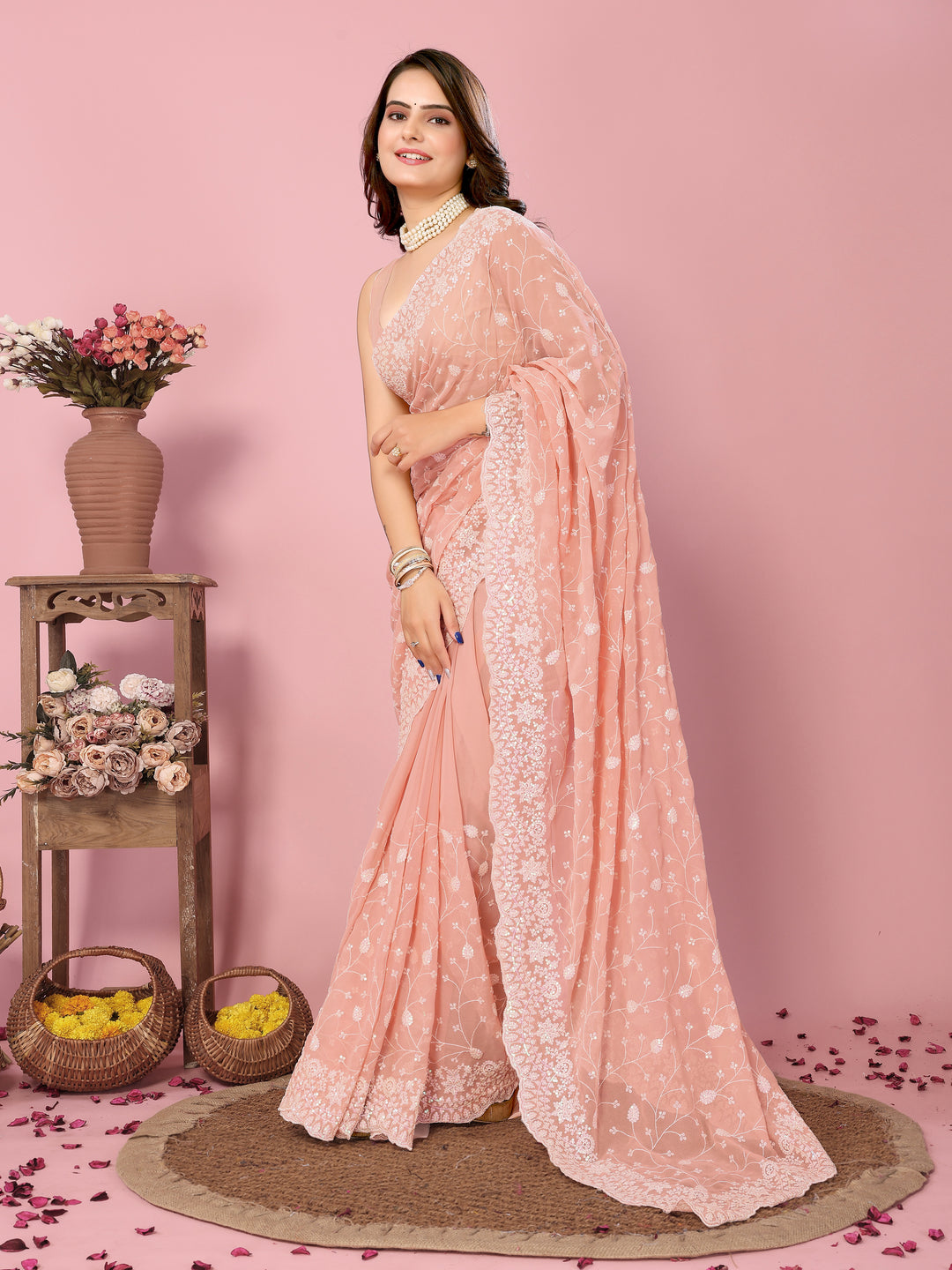 Georgette Saree with Thread & Sequin Embroidery | Art-Silk Blouse for Weddings