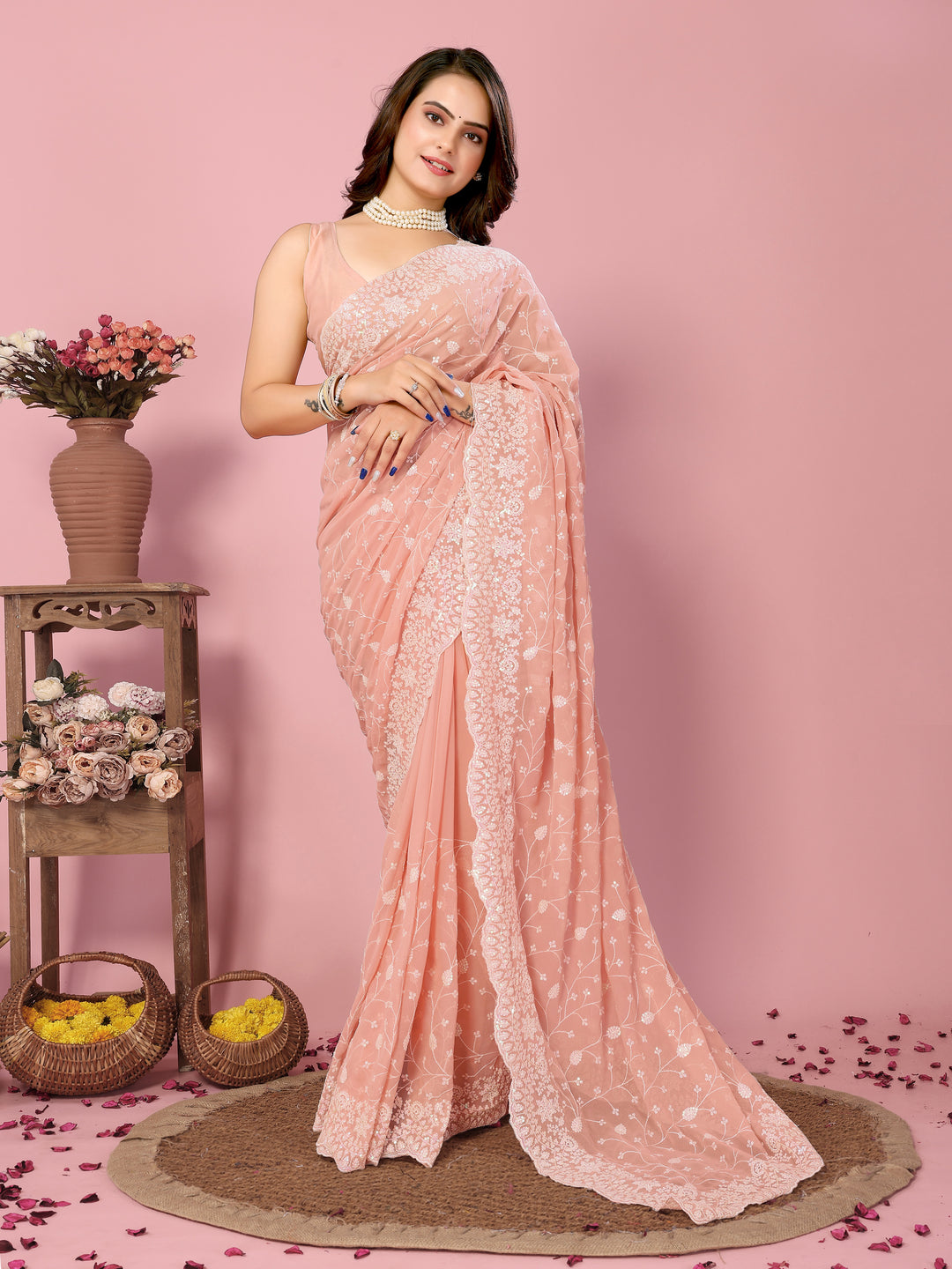 Georgette Saree with Thread & Sequin Embroidery | Art-Silk Blouse for Weddings