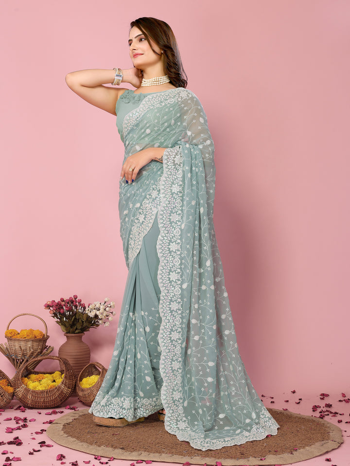 Georgette Saree with Thread & Sequin Embroidery | Art-Silk Blouse for Weddings