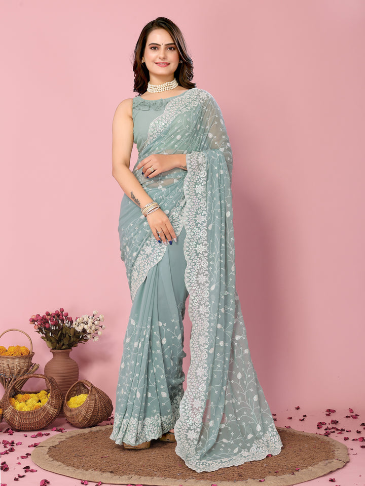 Georgette Saree with Thread & Sequin Embroidery | Art-Silk Blouse for Weddings