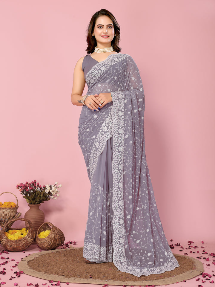 Georgette Saree with Thread & Sequin Embroidery | Art-Silk Blouse for Weddings