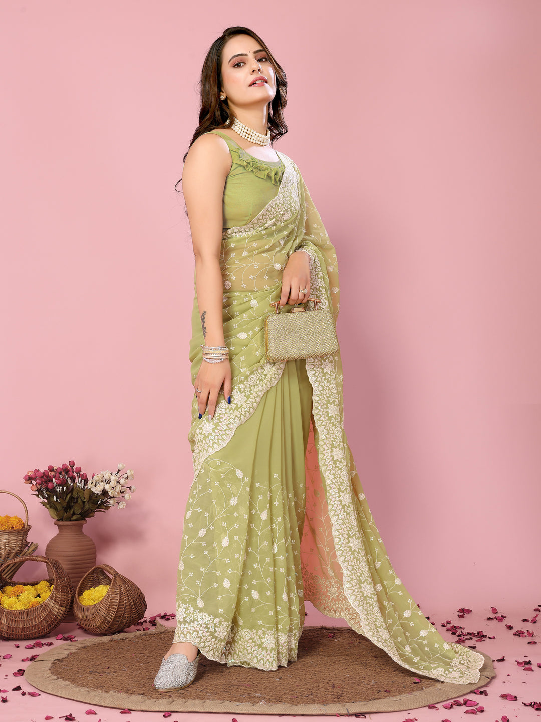 Georgette Saree with Thread & Sequin Embroidery | Art-Silk Blouse for Weddings