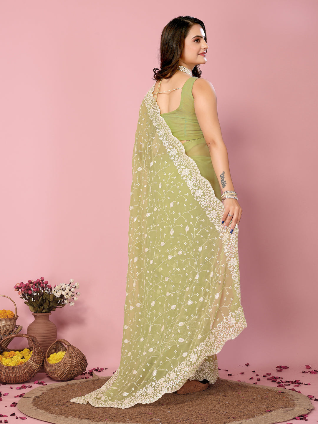 Georgette Saree with Thread & Sequin Embroidery | Art-Silk Blouse for Weddings