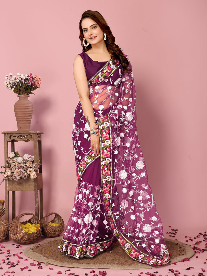 Elegant Soft-Net Saree with Multi-Thread Embroidery | Wedding & Festive Wear