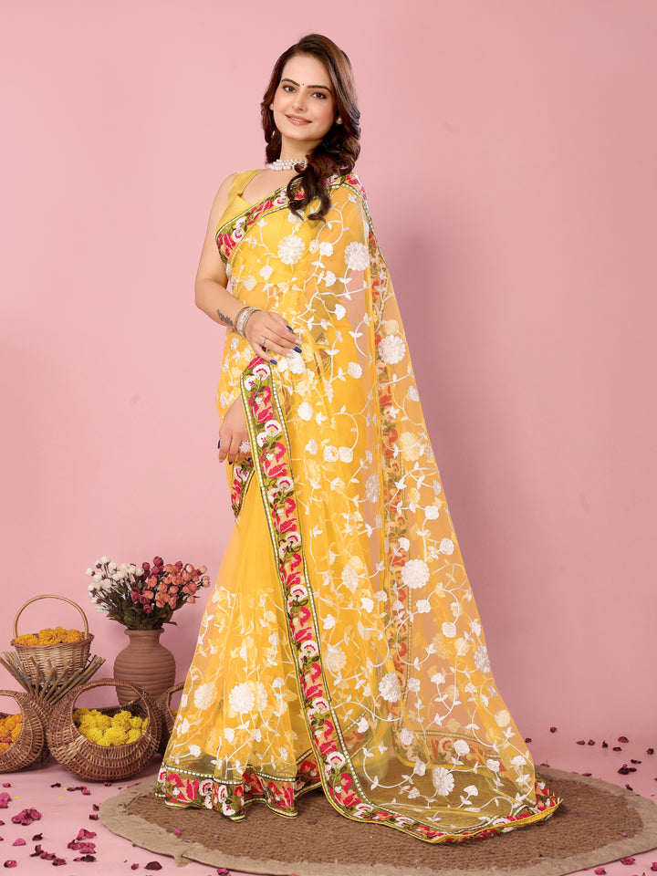 Elegant Soft-Net Saree with Multi-Thread Embroidery | Wedding & Festive Wear