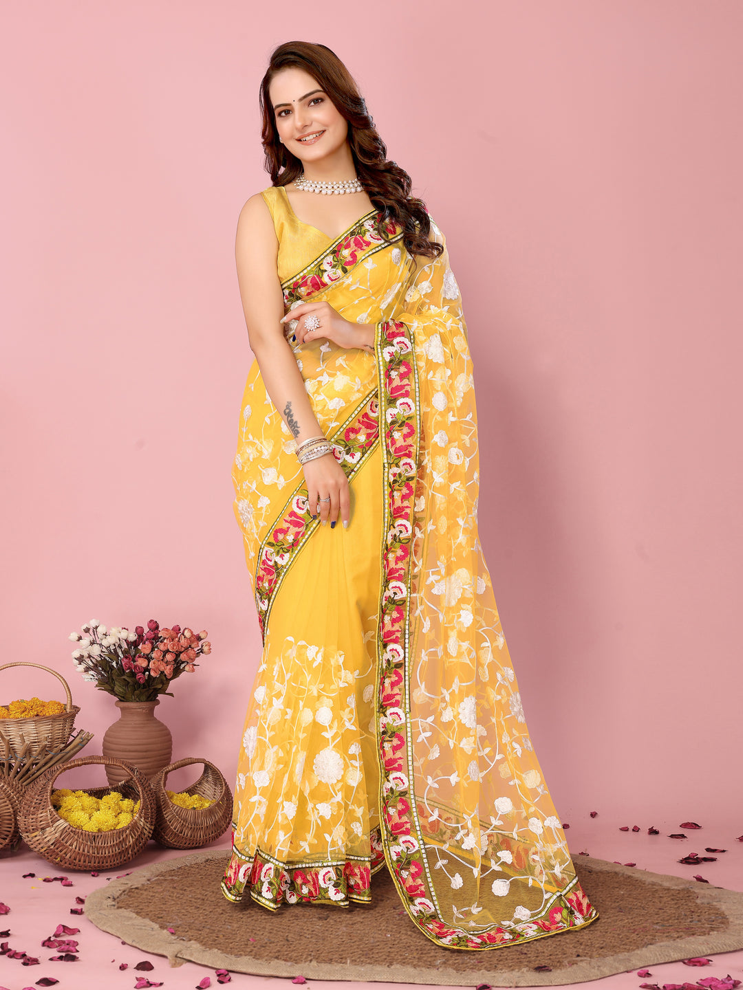 Elegant Soft-Net Saree with Multi-Thread Embroidery | Wedding & Festive Wear