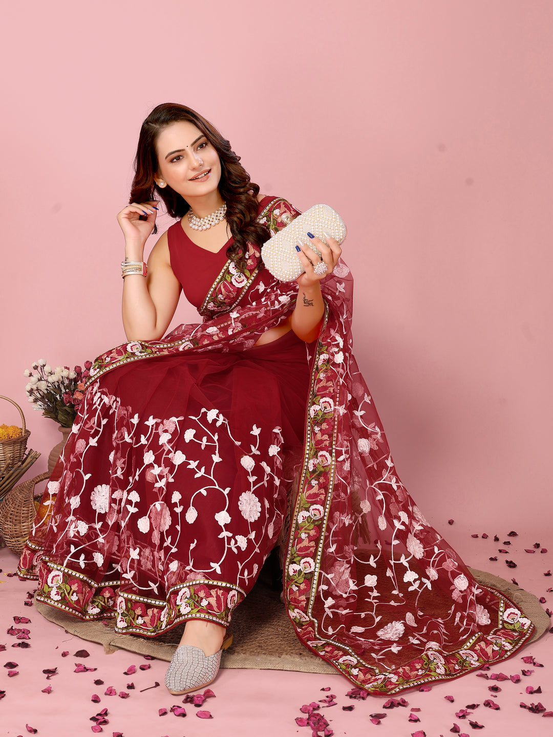 Elegant Soft-Net Saree with Multi-Thread Embroidery | Wedding & Festive Wear