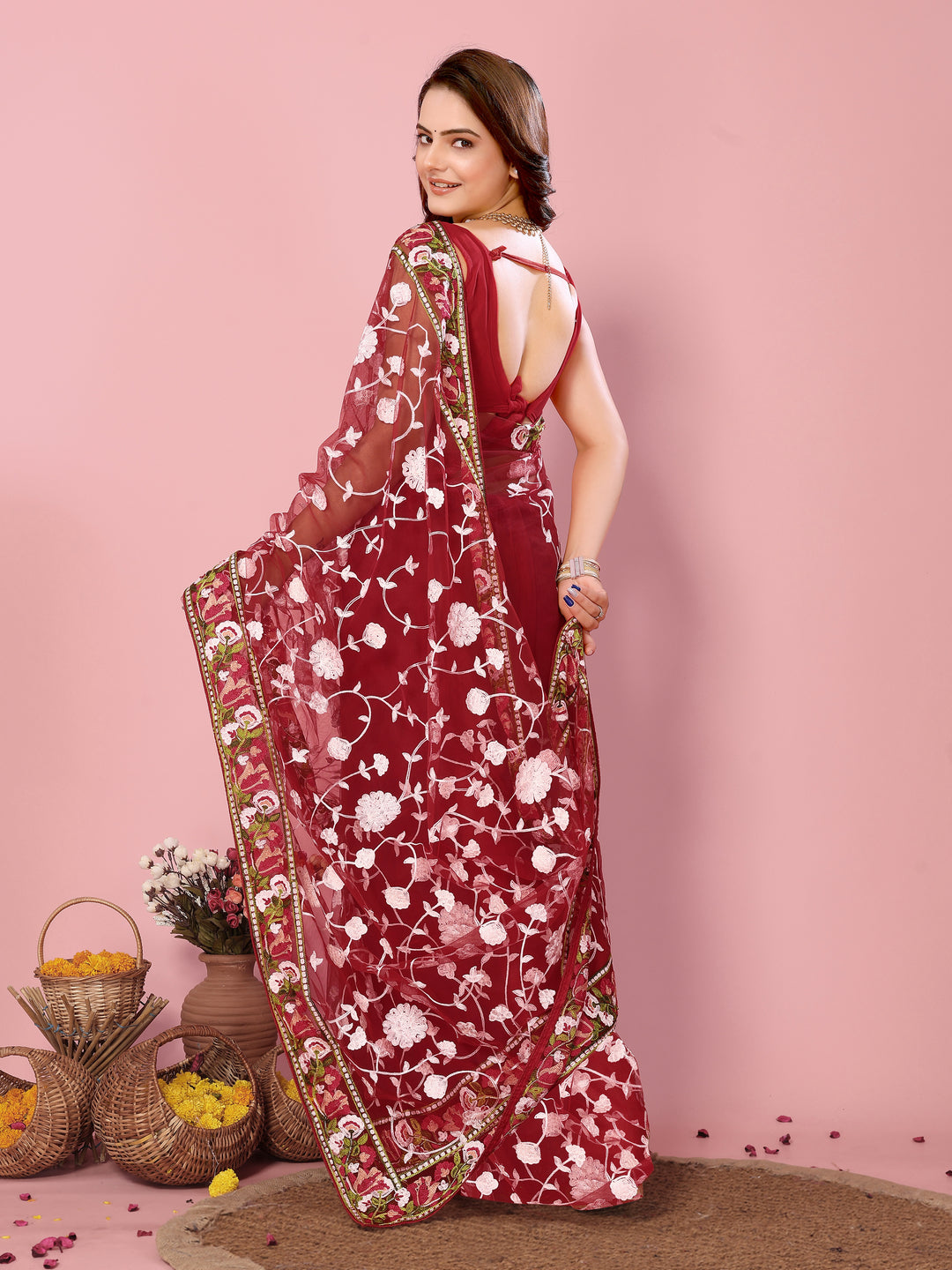 Elegant Soft-Net Saree with Multi-Thread Embroidery | Wedding & Festive Wear