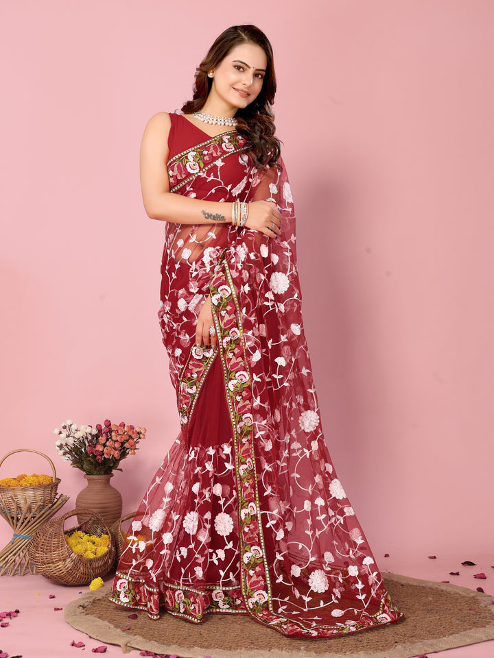 Elegant Soft-Net Saree with Multi-Thread Embroidery | Wedding & Festive Wear