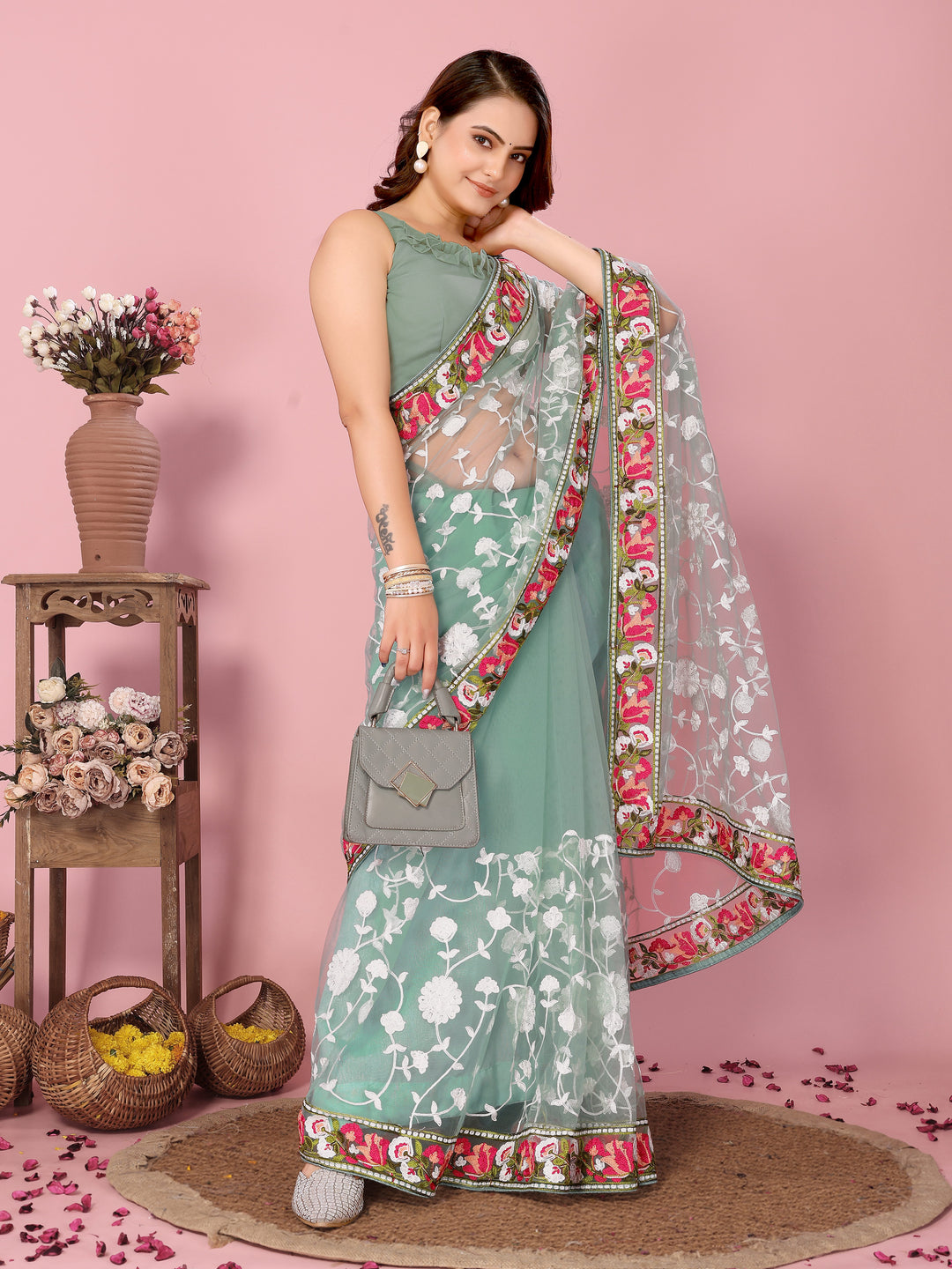 Elegant Soft-Net Saree with Multi-Thread Embroidery | Wedding & Festive Wear