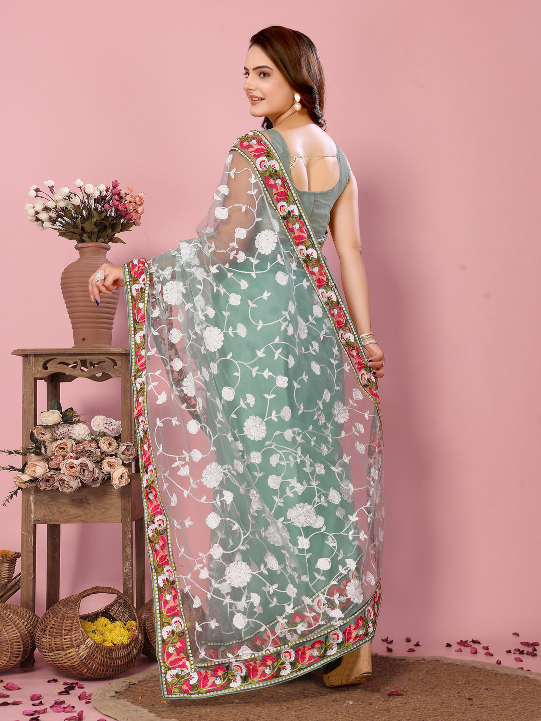 Elegant Soft-Net Saree with Multi-Thread Embroidery | Wedding & Festive Wear