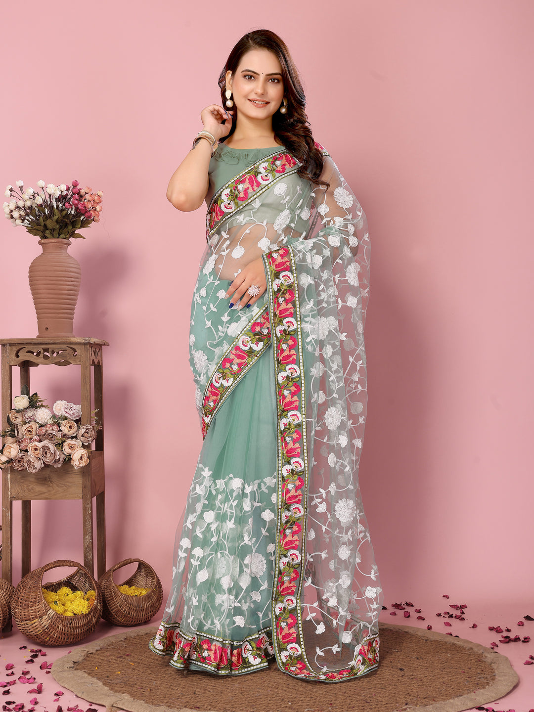 Elegant Soft-Net Saree with Multi-Thread Embroidery | Wedding & Festive Wear