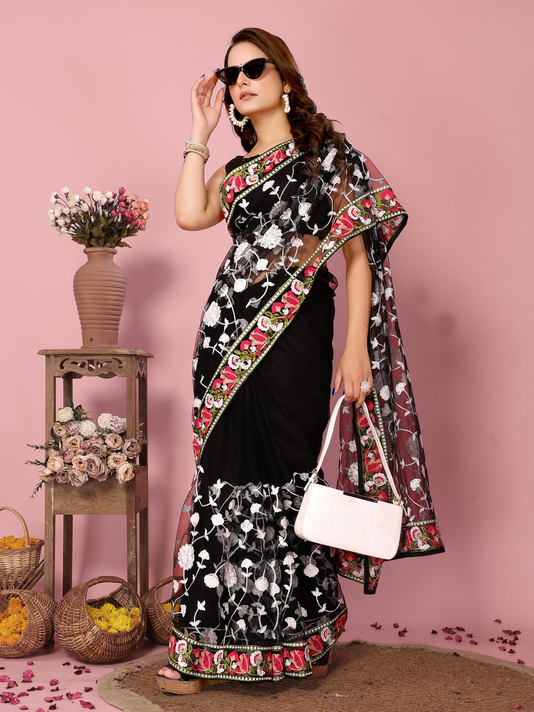 Elegant Soft-Net Saree with Multi-Thread Embroidery | Wedding & Festive Wear