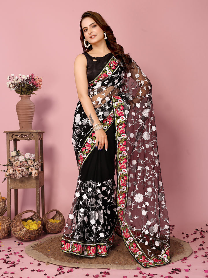 Elegant Soft-Net Saree with Multi-Thread Embroidery | Wedding & Festive Wear