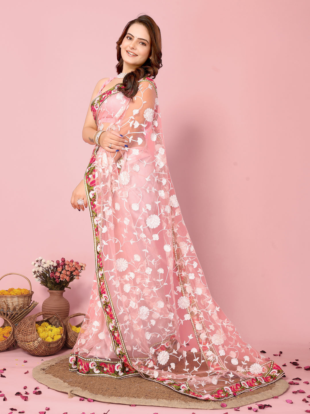 Elegant Soft-Net Saree with Multi-Thread Embroidery | Wedding & Festive Wear