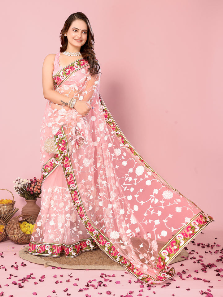 Elegant Soft-Net Saree with Multi-Thread Embroidery | Wedding & Festive Wear