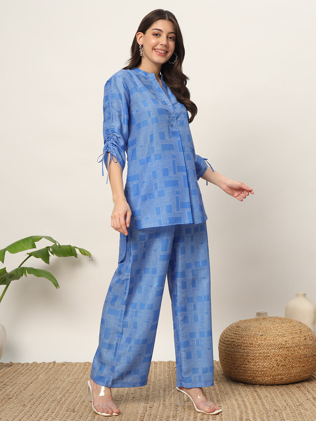 Trendy Blue Kurti & Bottom Set | Mandarin Neckline & Comfortable Fit