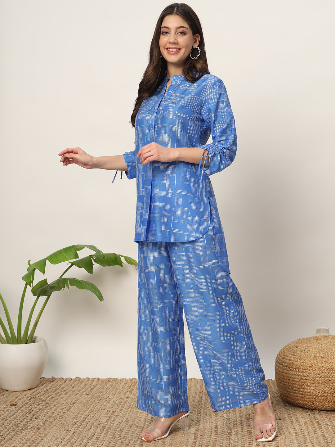 Trendy Blue Kurti & Bottom Set | Mandarin Neckline & Comfortable Fit