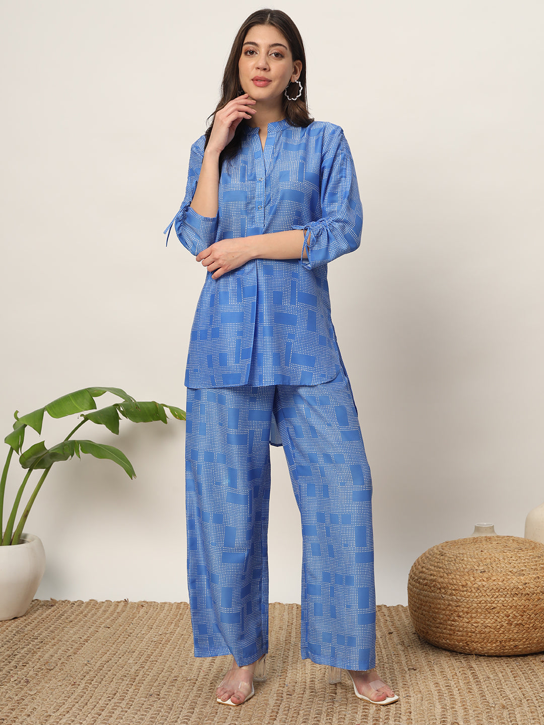 Trendy Blue Kurti & Bottom Set | Mandarin Neckline & Comfortable Fit