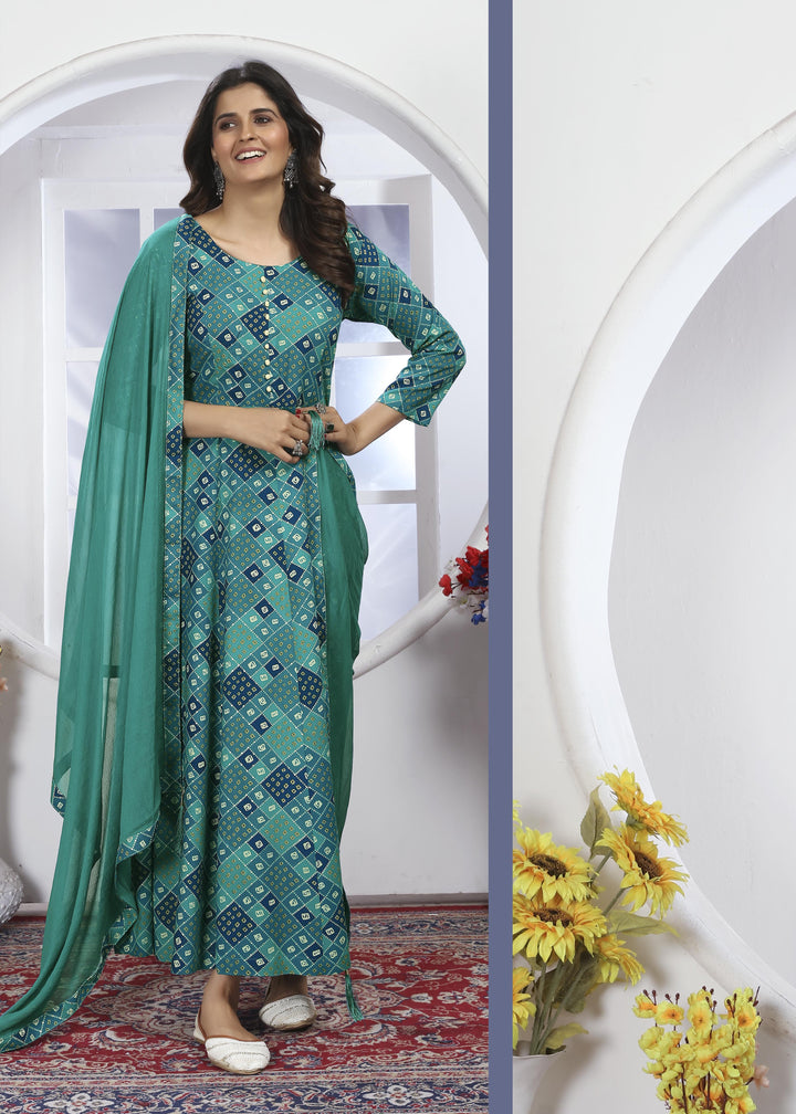 Rayon Printed Anarkali Gown with Nazmin Dupatta | Designer Hand Work