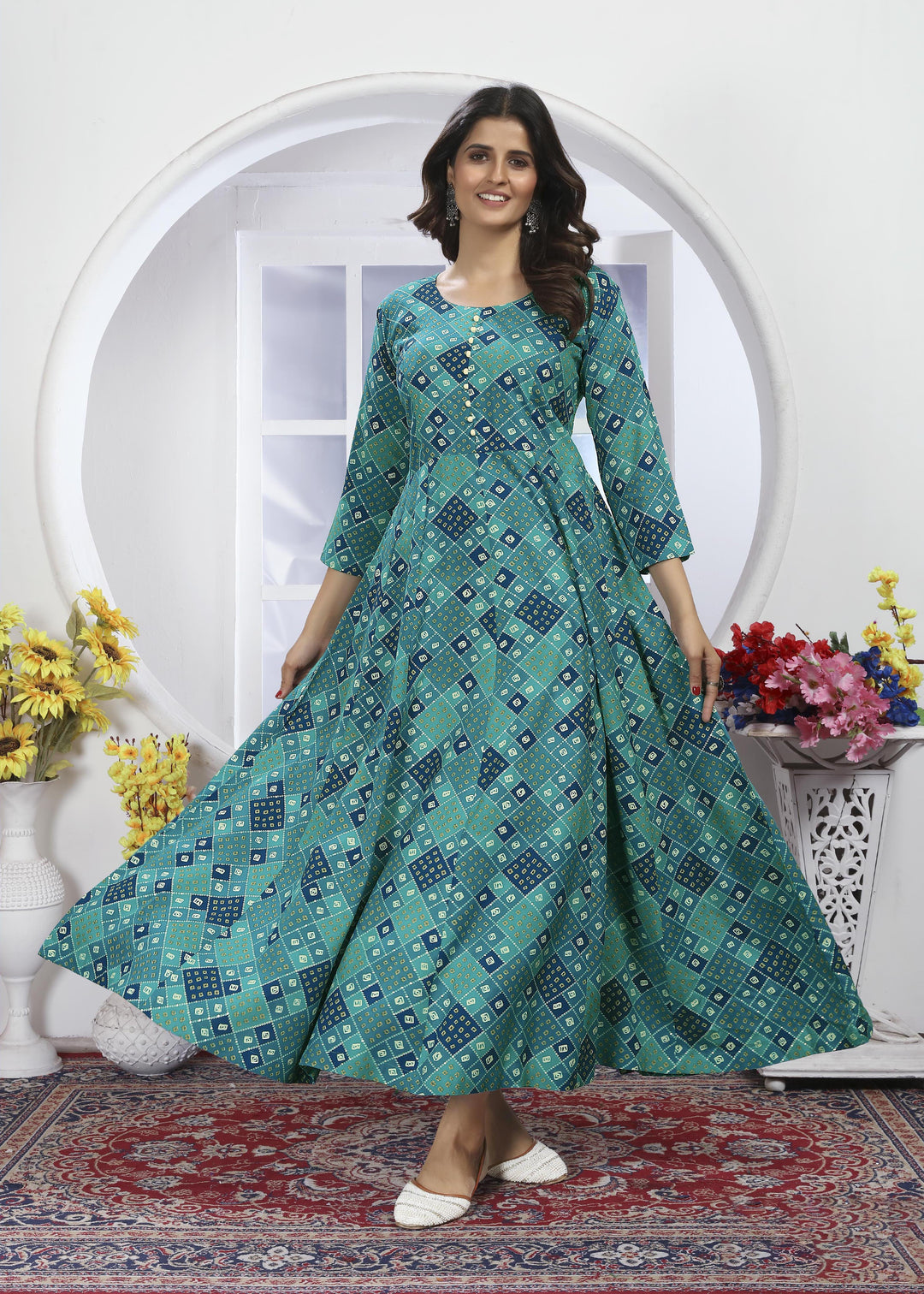 Rayon Printed Anarkali Gown with Nazmin Dupatta | Designer Hand Work