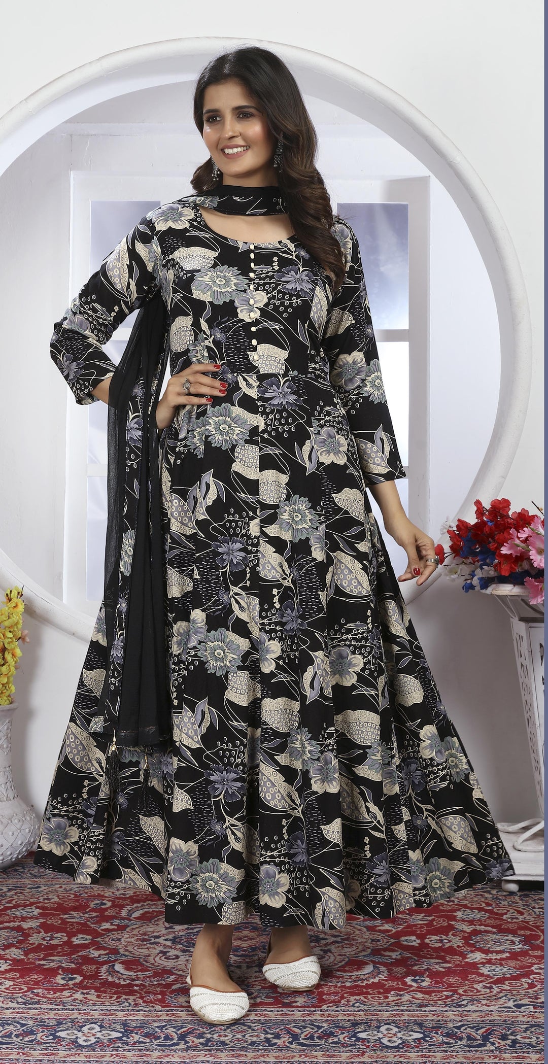 Black Rayon Printed Anarkali Gown | Designer Hand Work with Nazmin Dupatta