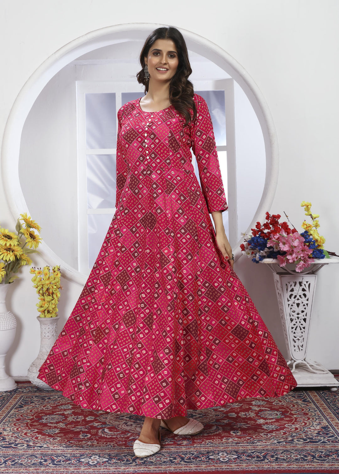 Rayon Printed Anarkali Gown with Nazmin Dupatta | Designer Hand Work