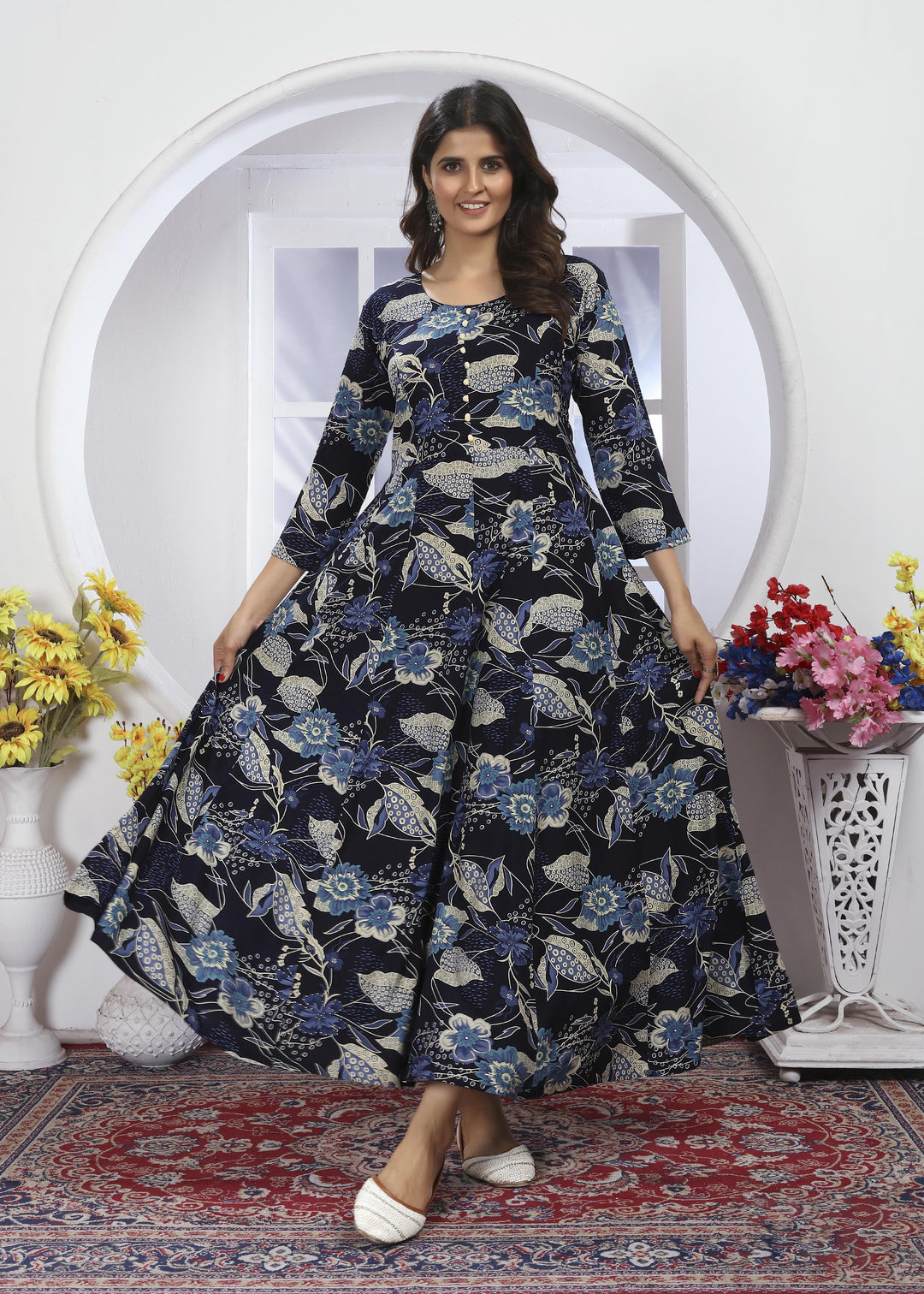 Black Rayon Printed Anarkali Gown | Designer Hand Work with Nazmin Dupatta