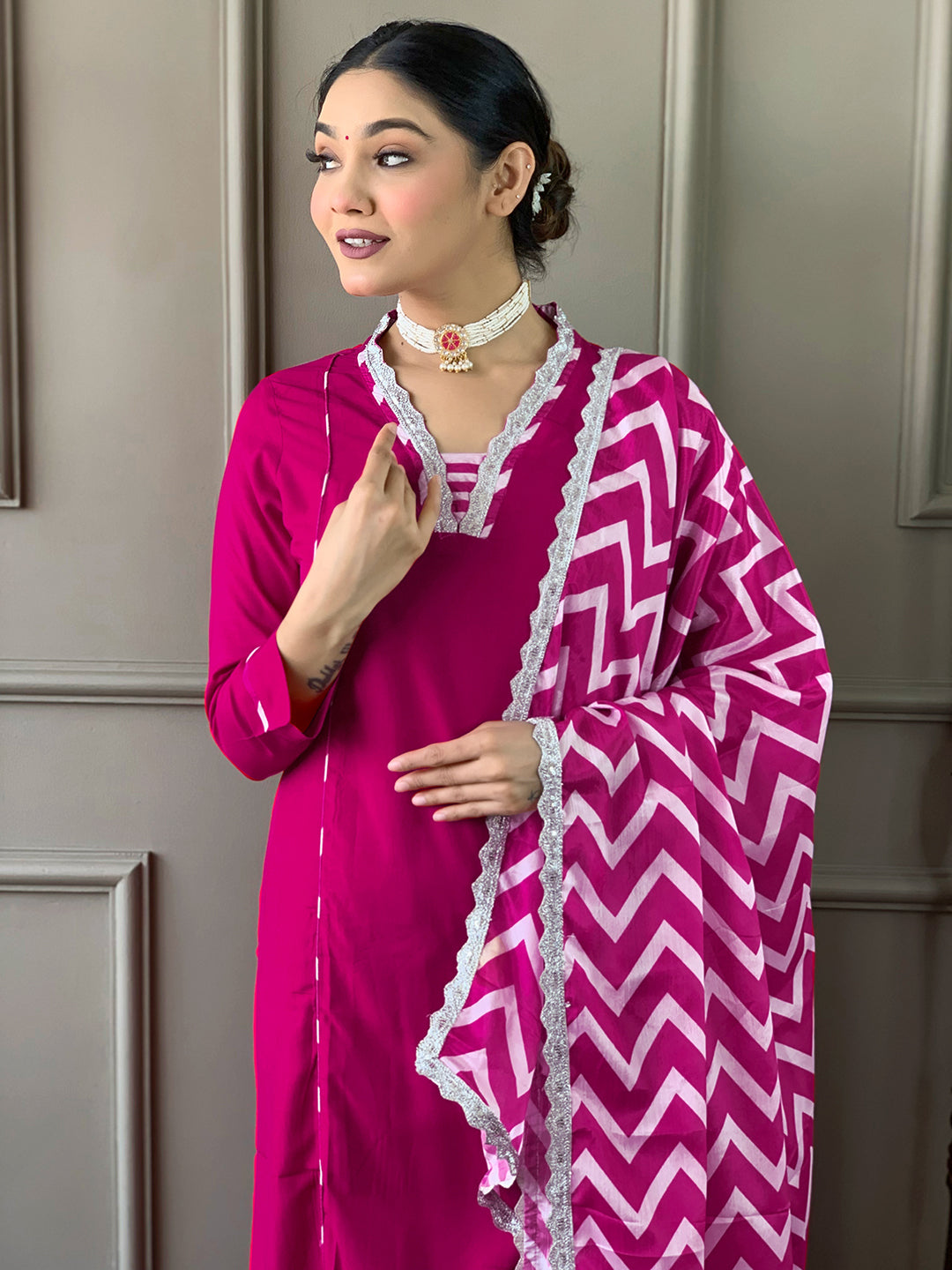 Stunning Viscose Salwar Kameez with chevron-patterned Dupatta | Elegant Ethnic Wear for Women