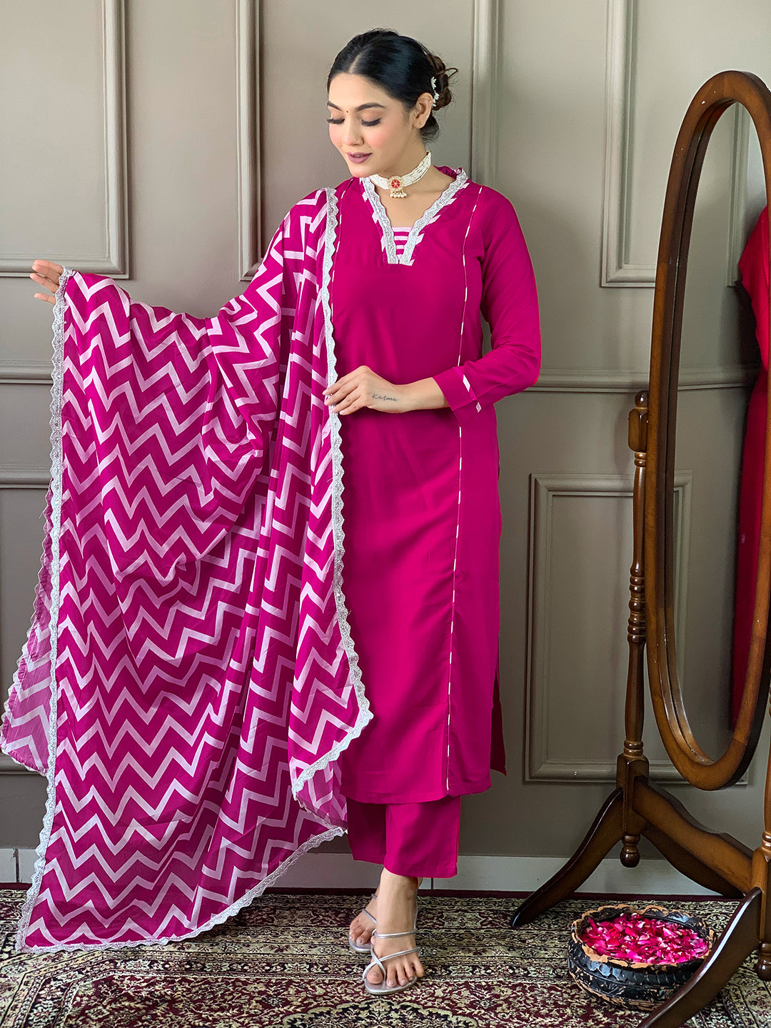 Stunning Viscose Salwar Kameez with chevron-patterned Dupatta | Elegant Ethnic Wear for Women