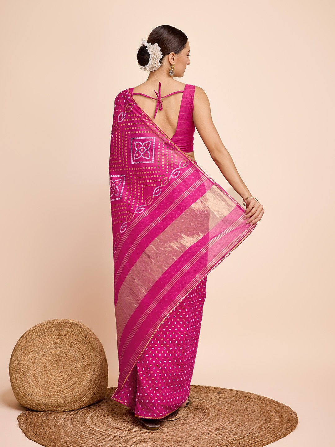 Designer Faux-Cotton Saree | Elegant Weaving & Bandhani Print for Weddings