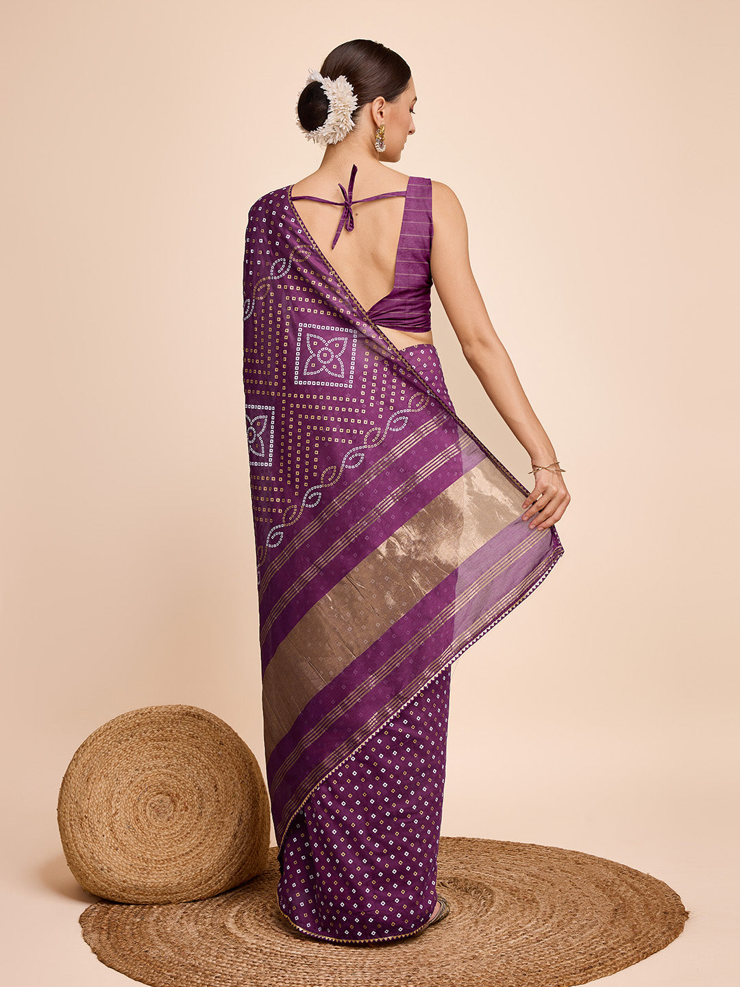 Designer Faux-Cotton Saree | Elegant Weaving & Bandhani Print for Weddings