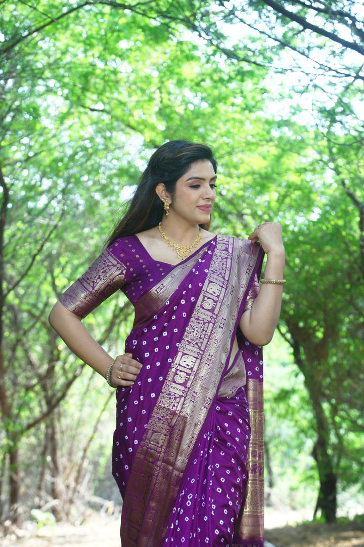 Kanjivaram Silk Saree | Wevon Jari Designer Bandhej Print for Weddings