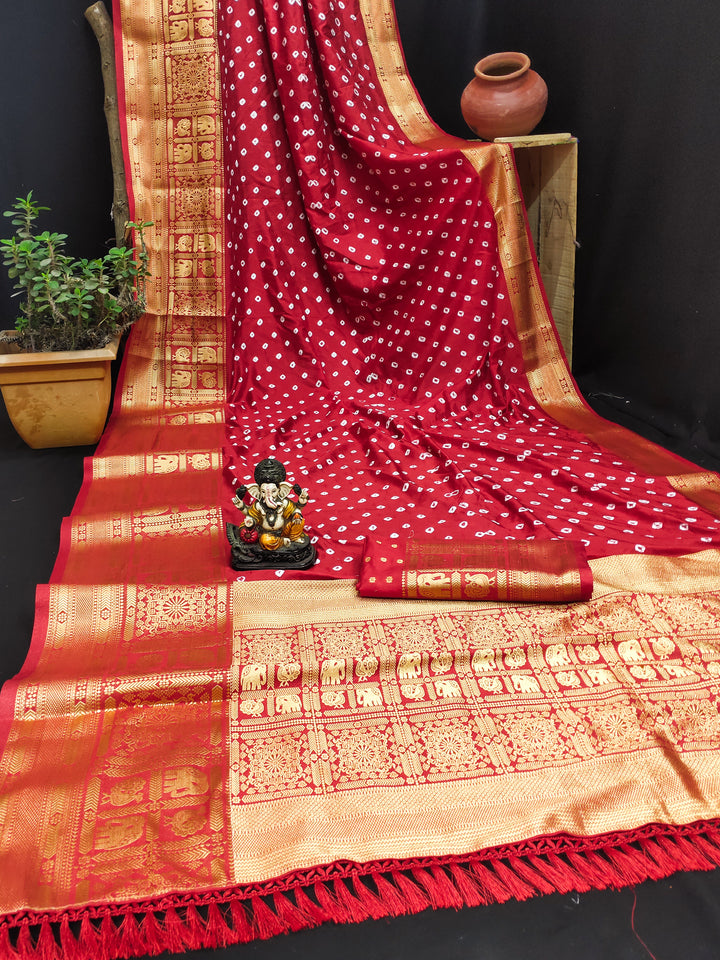 Kanjivaram Silk Saree | Wevon Jari Designer Bandhej Print for Weddings