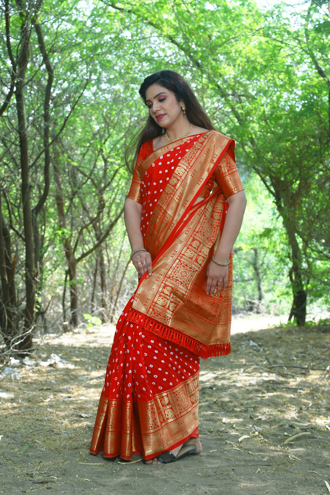 Kanjivaram Silk Saree | Wevon Jari Designer Bandhej Print for Weddings