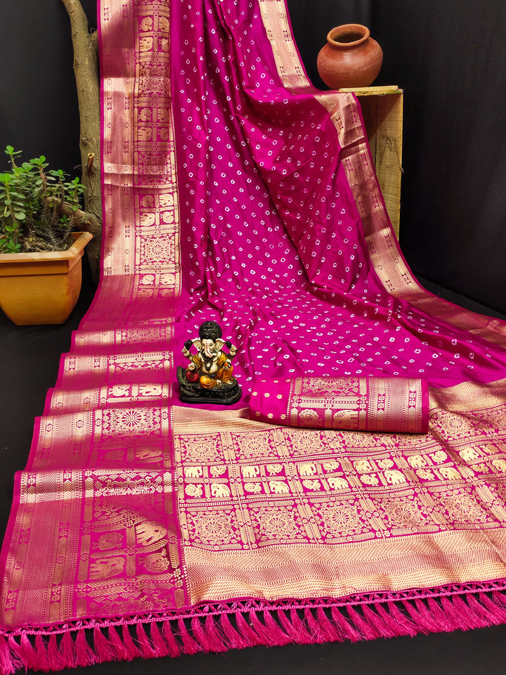 Kanjivaram Silk Saree | Wevon Jari Designer Bandhej Print for Weddings