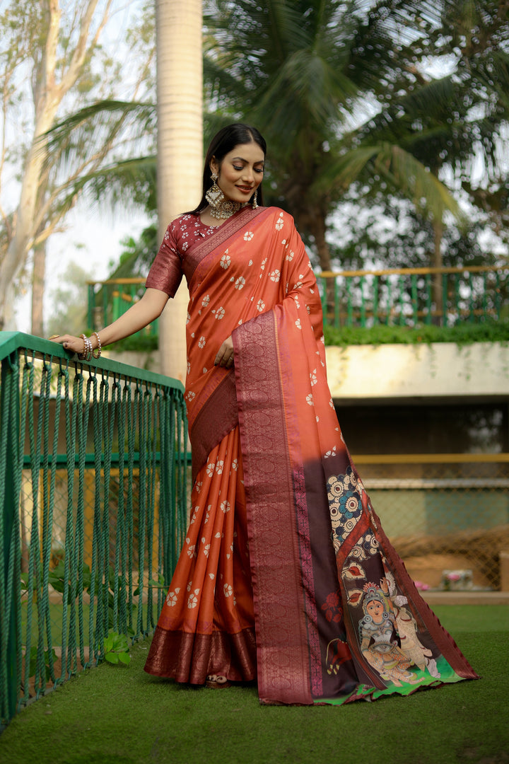 Dola-Silk Saree with Wevon-Border | Kalamkari & Digital Print for Weddings