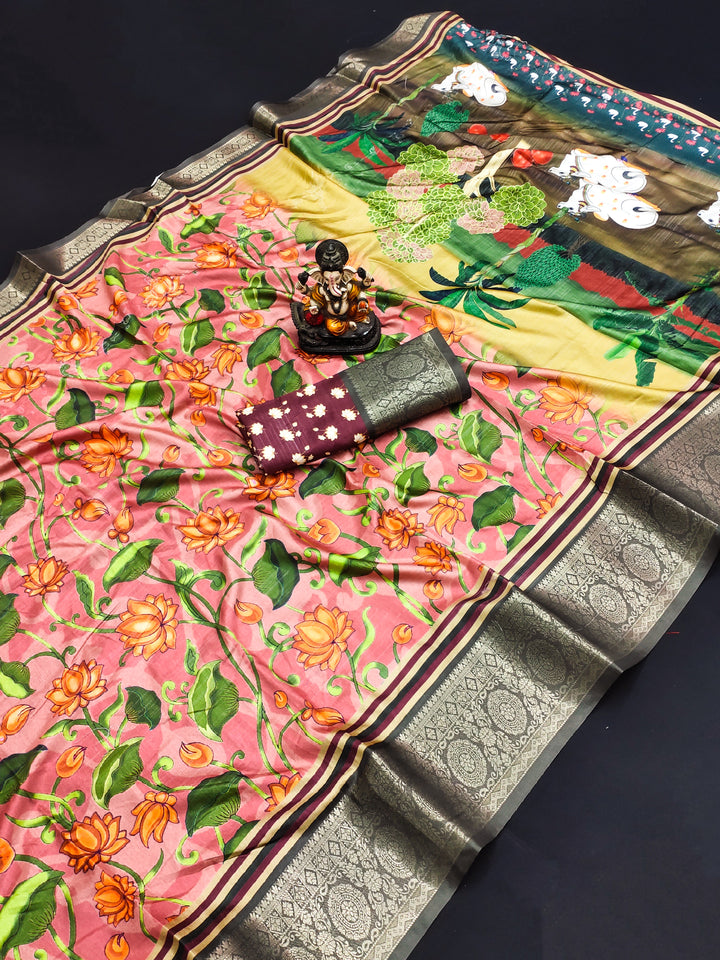 Stylish Dola-Silk Saree with Kalamkari Design | Perfect for Weddings & Festivals